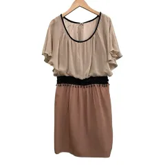 ダイアグラム Diagram シフォンワンピース シルク ビーズ刺繍 フリンジ バイカラー ピンクベージュ系 サイズ36 S相当