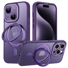 iPhone 15 Plus 適用 ケース Magsafe対応 アイフォン15プラス カバー 360°回転スタンド Uovon スマホケース アイホン 15plus 携帯ケース ワイヤレス充電 車載ホルダー 対応 ストラップ穴付き 半透明 指紋防止 黄?防 0