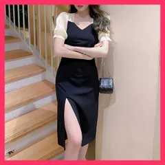 【スタッフおすすめ！】 ドッキングワンピース夏 袖切り替えワンピ タイトワンピース黒/スリットワンピース/結婚式ドレス韓国風 Vネックワンピース レディース 上品清 おすすめ おしゃれ　かわいい　人気 1ZHJF-022