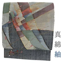 名古屋帯 正絹 中古 帯 リサイクル 真綿紬 西陣織 紺 変わり市松 幾何学 仕立て上がり カジュアル お洒落 金糸 八寸 単衣 No.i6-2079