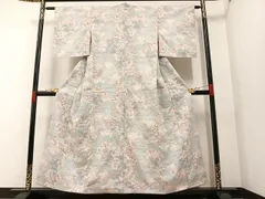 単衣 小千谷紬 花柄模様 証紙付 薄藍色 しつけ糸 K-3790 単衣 小千谷紬 花柄模様 証紙付 薄藍色 しつけ糸 K-3790