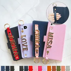 スマホケース 手帳型 全機種 スマホバンド付き 持ち手【レザーorデニム×イニシャルチャーム付きスリムレザーベルト】leathertype18