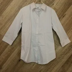 M1-01838 【Women】UNIQLO(ユニクロ) 長袖 シャツ (M) /水色×白 ストライプ柄 内側、襟に黄ばみ有  G