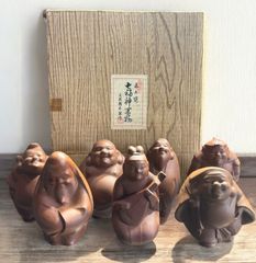 1371  古備前　布袋　陶器置物 飾り物 七福神 縁起物　時代物　美術品 赤土焼 七福神 置物 三枝惣太郎作 大黒天 夷 布袋和尚 弁財天 福