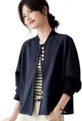 blue beryl ジャケット ライトアウター レディース スタジャン ラグランスリーブ 金ボタン シンプル 無地 カフス シック 春 秋 イージーケア オーソドックス コンサバ 控え目 低身長 ピケ 細見 お洒落 おしゃれ(2XL)