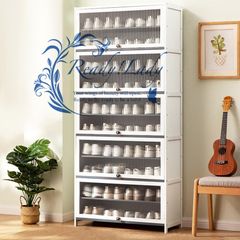 下駄箱 スリム 収納 シューズボックス 大容量 竹製 アクリル 省スペース 組み立て家具 80x32cm 10層127cm