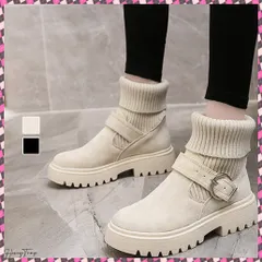 送料無料 ソックス風 ショートブーツ レディース ソックス風 ショートブーツ レディース 2wayニットブーツ バックルベルト 厚底ブーツ 歩きやすい ハイカット 防寒ブーツあったか 英国風靴秋冬 美脚 ワークブーツ 秋冬