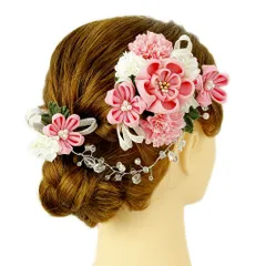 髪飾り 成人式 つまみ細工 振袖 前撮り 袴 浴衣 夏祭り 花火大会 ピンク 白 銀色 ちりめん 組紐 パール ガラスビーズ チャーム No.9-3557