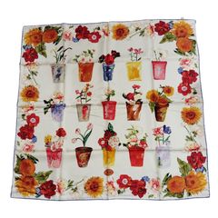 【中古品】 GUCCI グッチ スカーフ フラワー 花 鉢 チューリップ オレンジ レッド イエロー シルク 箱無 W90510RK