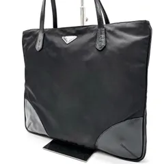 【良品】 PRADA プラダ トート バッグ ハンドバッグ  三角ロゴプレート シルバー金具 A4収納 大容量 総柄 白タグ テスートナイロン レザー レディース メンズ ブラック 黒色