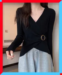 新品 リブニット カシュクール風 ニットトップス レディース 無地 タイト 長袖セーター 着やせトップス 【送料無料】