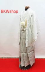 新品　未使用　正絹　羽織・着物(刺子生地)・used男袴　2.35寸　165cm～ 3点セット　丸に違い鷹の羽　紋付袴　成人式　結婚式　新郎様　仲人　男着物　催事　式典　お祭り　白　シルバーグレー　刺し子模様