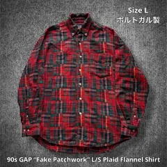 90s GAP “Fake Patchwork” L/S Plaid Flannel Shirt ギャップ フランネルチェックシャツ 長袖 レッド系 Lサイズ ポルトガル製 フェイクパッチワーク ビッグシルエット ボタンダウンシャツ