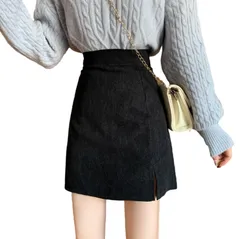 ミニスカート コーデュロイ ハイウエスト タイト スリット レディース カジュアル 台形 スカート 足長効果 シンプル 秋 冬 Aライン 2カラー ミニスカ 春 夏 無地 ゆったり すかーと SKIRT skirt 膝丈 黒 色 ブラック [ブラック] [M]