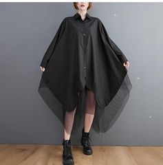 モード系   夏でも着れる　アシンメトリー　フレア  大きいサイズ　レディース　個性派　シャツ　ワンピース　アシメ　長袖