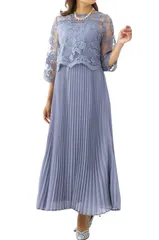 [MORE AUNI] パーティー ドレス 刺繍レース プリーツ ワンピース セットドレス 結婚式 2次会 サマー ウィンター スプリング オータム 大きいサイズ ボディコン ニット 切り替え フレア M ドレス [ブルーグレー / 77000029] [M]