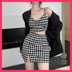 【スタッフおすすめ！】 キャミトップス ミニスカートセットアップ ダンス衣装ショート/へそ出し ミニスカ/上下セット夏コーデ セクシー ダイヤチェック柄 クロップド おすすめ おしゃれ　かわいい　人気 83HTAO-002