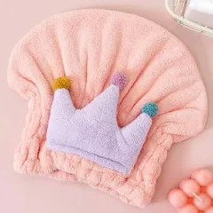 👑ふわふわ王冠ヘアキャップ（大人・子ども兼用）パープル×ピンクのドライヘアキャップ洗顔・メイクに大活躍💖吸水 速乾 伸縮  洗顔 洗面用品 うさみみ 旅行 トラベル バス用品