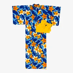 【🌟大特価🌟定価12,800円】ME-C-07 新品　レディース　女子　浴衣　お祭り　花火　花火大会　夏　盆踊り　デート　イベント　綿100% 昭和レトロ　和モダン　大人可愛い　花　ユリ　青　オレンジ　作り帯　黄色　155〜165cm  誕生日　プレゼント