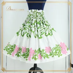 フラダンス 衣装 パウスカート ホワイト系 フラ ダンス シングル 花柄 練習 爽やか ハワイアン ティアレ柄 白 緑 華やか レッスン ハワイアンプリント ハワイ製 スカート ふんわり フラワー ピンク系 グリーン系