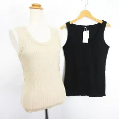 ユニクロ UNIQLO 2点セット タンクトップ リブ フライス ギャザー M ベージュ ブラック ※EKM