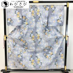 夏着物 浴衣 綿紬 暈しに小花模様 青袋鼠色 K-5035
