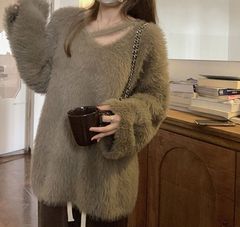 アシンメトリーネックシャギーニットプルオーバー セーターレディース