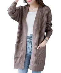 [Elixio] [エリクシオ] カーディガン ロングカーディガン ニット あったか 羽織り レディース ロング トップス モコモコ 厚手 Vネック 秋冬 冬 ミドル丈 リブ編み 体型カバー (JP, アルファベット, S, 茶) [ブラウン] [S]
