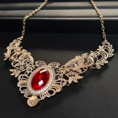 クラシカルで繊細な模様が綺麗 エスニック ネックレス ゴージャス アンティーク調（ピンクゴールド×レッド）NE-007-RD