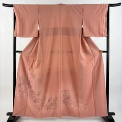 付下げ 身丈161cm 裄丈65cm M 袷 草花 刺繍 ぼかし ピンク 正絹 秀品 一つ紋 【中古】