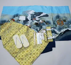 七五三 五歳 男児 羽織袴フルセット 着物 羽織 袴 紋袴 水色 鷹 お仕立て無料 袴変更可能 祝着 NO34372