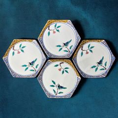 【4客セット】九谷 青郊 六角皿 [鳥草花] 色絵 小皿 丸皿 九谷焼 盛り皿 飾り皿 古美術 和食器 骨董品 アンティーク