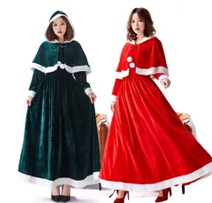 サンタ コスプレ レディース ロング 袖 エレガント ワンピース 帽子 マント 赤 緑 クリスマス コスプレ サンタクロース 仮装 大きいサイズ 演出服 イベント パーティー 新年会 文化祭 (緑 S)