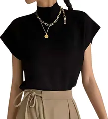 Kanpari フレンチスリーブ Tシャツ レディース ノースリーブ キャミソール サマーニット タンクトップ 半袖 ニットセーター ハイネック トップス インナー カットソー ｔシャツ 袖なし ゆったり(ブラック,  Free Size)