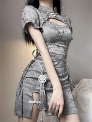 [TUAHOUS] チャイナ服 Lサイズ コスプレセクシー コスプレ ロリータ服 ワンピース 黒い 白い グレー コスチューム ドレス 可愛い かわいい 仮装ハロウィン コスプレ