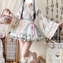 パニエ付き☆ 和風　グリーン　ロリータ　ドレス　トランペット袖　姫袖　華ロリ　サブカル　服　ガーリー系　ロリィタ　バンギャ　ハロウィン　衣装　仮装　パーティー　量産型　コスプレ　ワンピース　リボン　デコラ　渋谷　原宿　カフェ　衣装　ステージ　アイドル　レトロ
