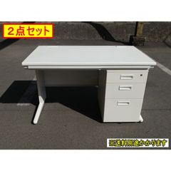 【中古】【一部地域送料無料】平机・３段ワゴン　２点セット　鍵なし　ホワイト　スチール　配線ホール×２箇所　アジャスター付き　センター引き出し　パソコンデスク　オフィスデスク　幅1200mm×奥行き700mm×高さ700mm　F-OA-749-0325A-A