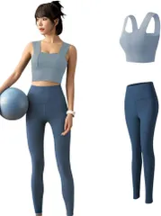 Karsaer ヨガウェア レディース スポーツウェア スリムフィット ハイウエストヨガパンツ タイツ お腹引き締め ヨガウェア上下セット おしゃれ カップ付き( Blue+Dark Blue,  M)