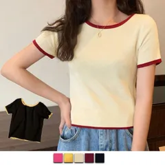 夏服Tシャツ トップス レディース 半袖 クルーネック 配色 ショート丈 無地 シンプル カットソーカジュアル(メール便送料無料)