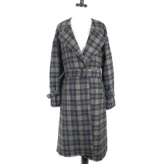 ローズバッド ROSE BUD コート ノーカラー 長袖 ロング 前開き ベルト ドロップショルダー 厚手 チェック F グレー 青 ブルー アウター /BTのサムネイル