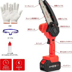 電動のこぎり、充電式チェーンソー、小型チェーンソー、電動チェーンソー、 6インチ 21V コードレスチェーンソー 自動給油 バッテリー残量表示 3000mAHバッテリー2本付き 保護バッフル 強力 軽量 木工切断 枝切り 伐採 剪定ばさみ 園芸用 家庭用