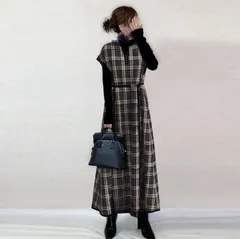 ニットワンピース 未使用 チェック柄 Vネック ロングワンピース チェック ブロックチェック ひざ丈ワンピース キレイめ おしゃれ シンプル xzzhang577