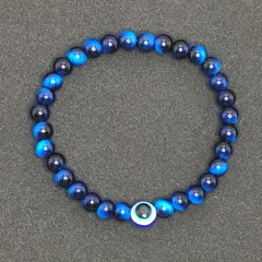 ブルータイガーアイ6mm＋邪眼ビーズのブレスレット☆｜鮮やかなブルーに青い目のナザールボンジュウ★｜魔除けと金運UPの最強お守りブレスレット★｜