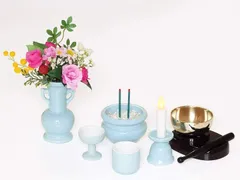 仏具セット 天空 青磁 10分自動消灯LED組合せ おりん・3A天然水晶つぶ付き