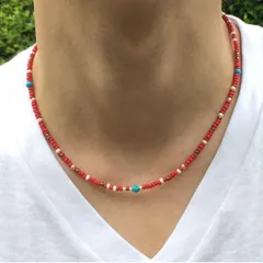 40cm 赤 ビーズネックレス ネイティブmix メンズvアクセサリー