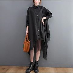 モード系 ワンピース レディース シャツワンピース 長袖 個性 カジュアル 切り替え 重ね着風 ニューデザイン チュール スカート ロング チュニック 大きいサイズ 体型カバー 着痩せ