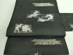 新品 正絹 名古屋帯 九寸帯 西陣 スリーシーズン 鳥獣戯画 黒 紫 未 