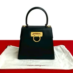 極 美品 袋付 Salvatore Ferragamo サルヴァトーレフェラガモ ガンチーニ 金具 レザー ハンドバッグ トートバッグ ダークネイビー 30715