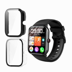 【特価商品】【2個入り】MIHENCE 一体型ケース 対応 HOIBAI/Vialove KW105-G01 スマートウォッチ PC素材と強化ガラスフィルム一体型 ケース 全面保護 (ブラック/トランスペアレント)