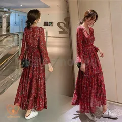 ワンピース レディース 春 マキシ丈ワンピース プリーツワンピ シフォンワンピース 赤 花柄 Vネック 長袖 ワンピース キレイ【お買い得】ZZ520